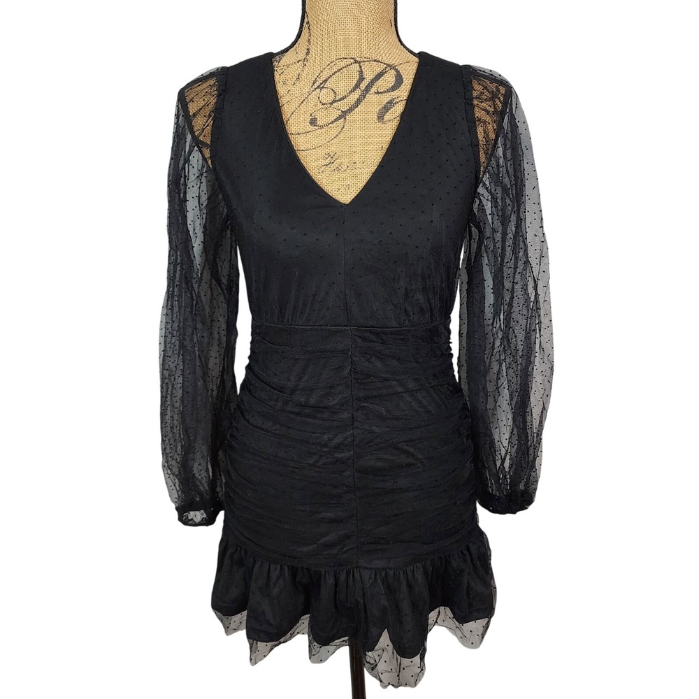 New! HYFVE Size XS LBD Black Ruched Mesh Drop Waist Whimsigoth Micro Mini Dress